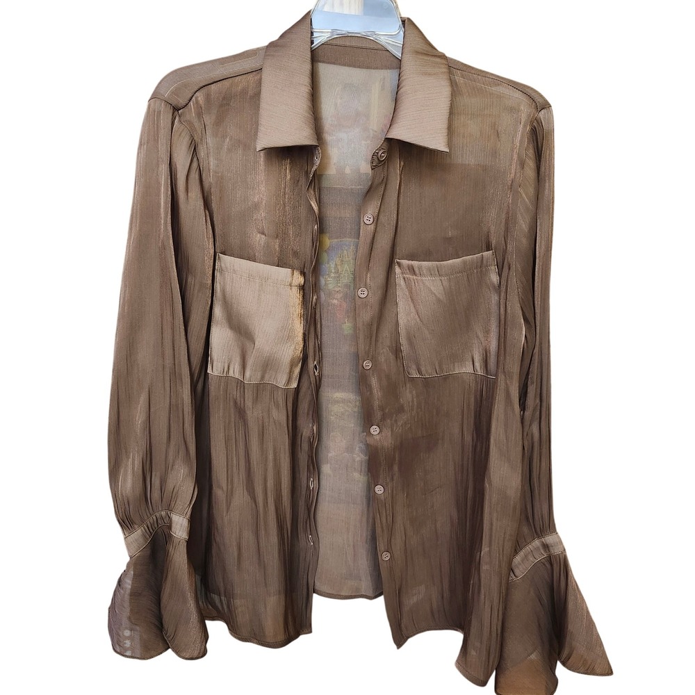 Dazy Womens Sheer Shimmer brown button front feminine whimsygoth blouse‎ Sz Lg